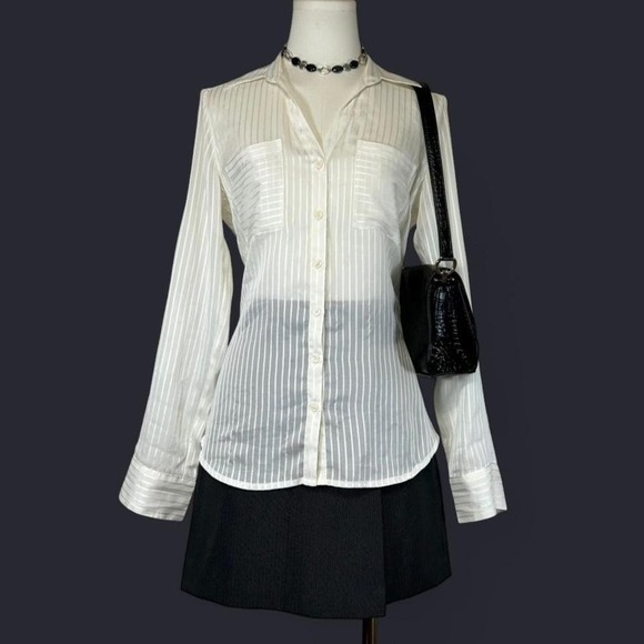 Express Tops - Express Portifino Shirt Roll Tab Button Up Sheer Striped Womens S Minimalist